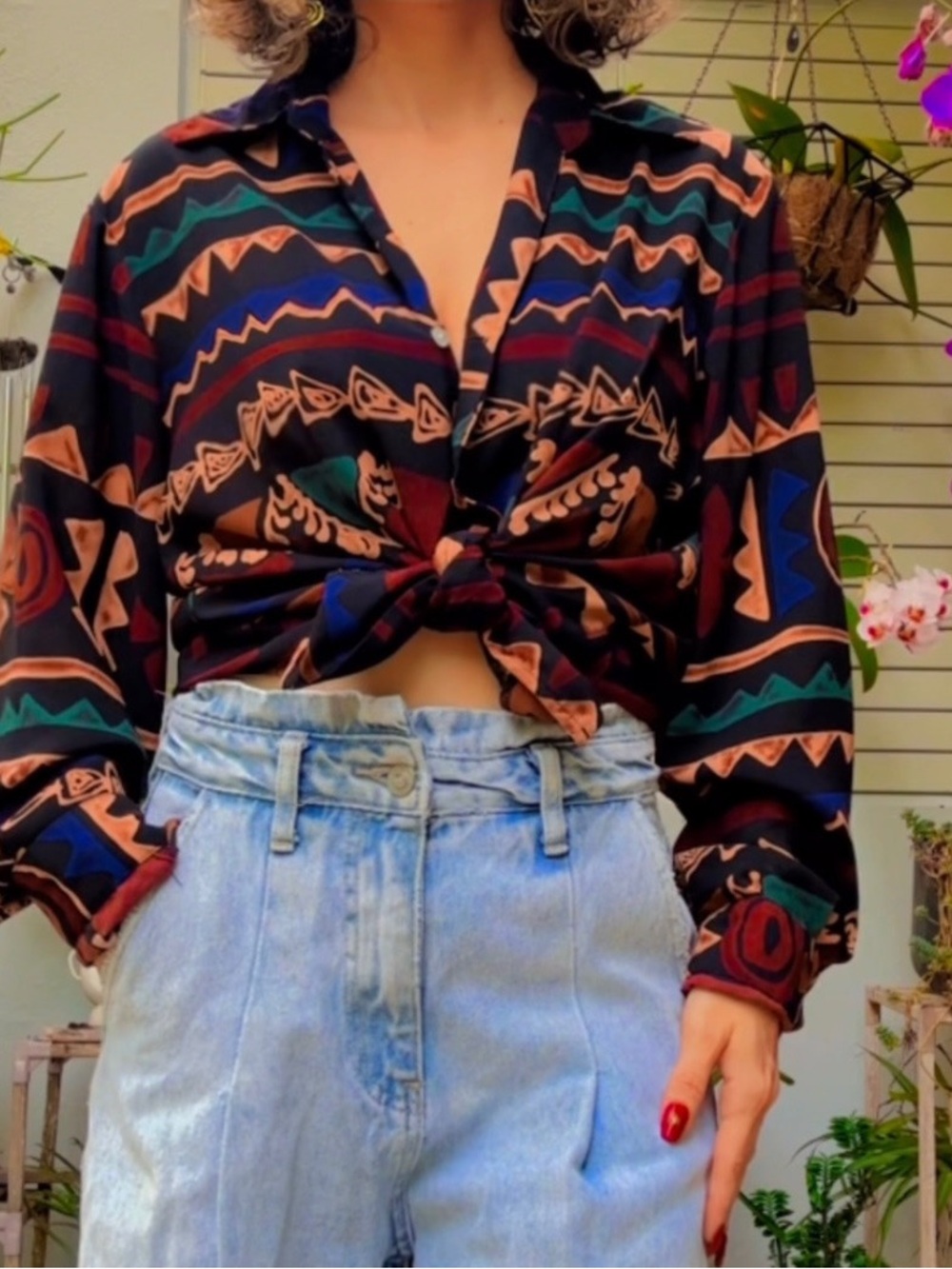 Women’s Patterned Button-Up Top in Black with Multicolor Tribal Print